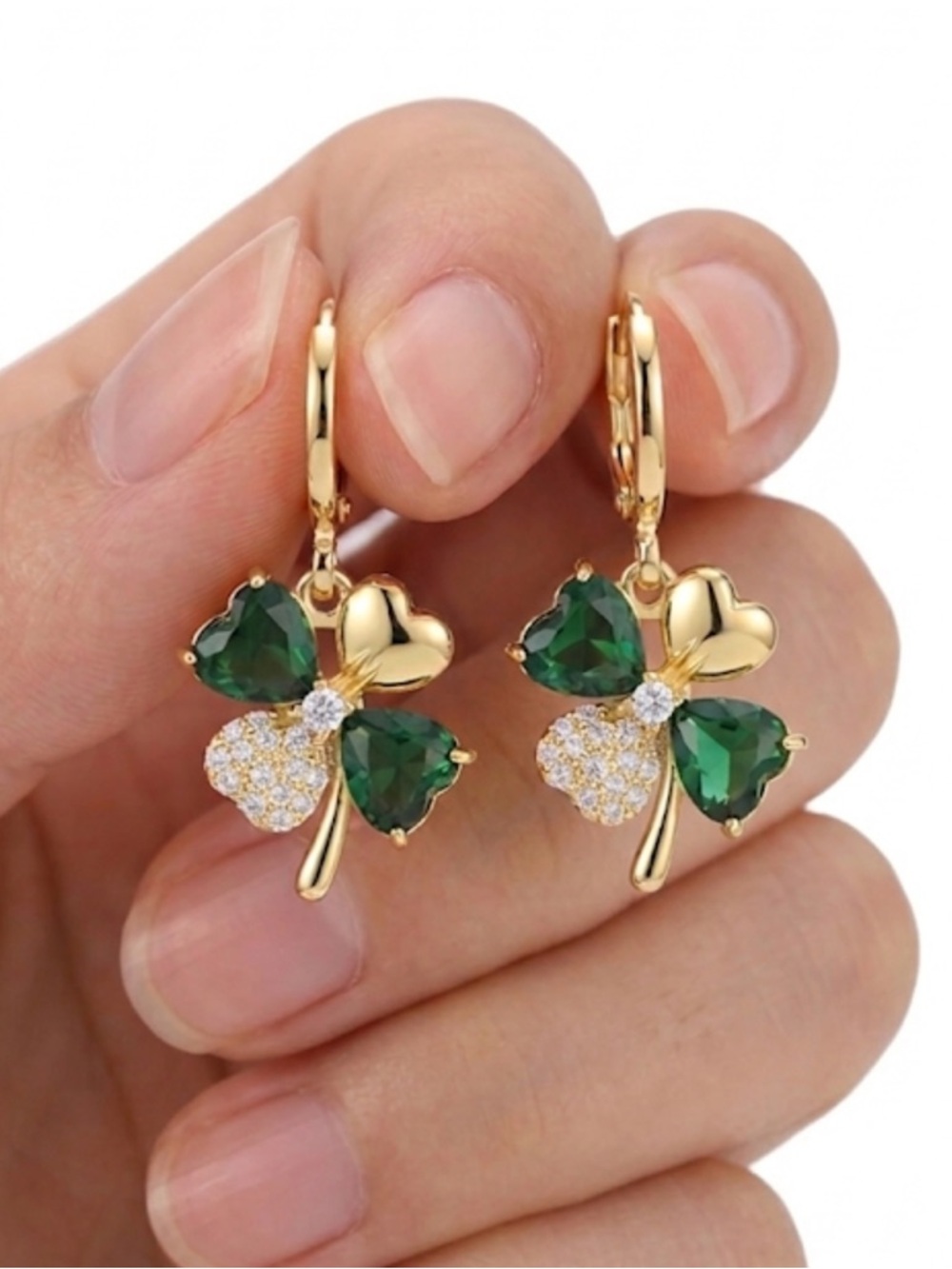 NWT Gold Green Emerald Heart Clover Leverback Dangle Earrings